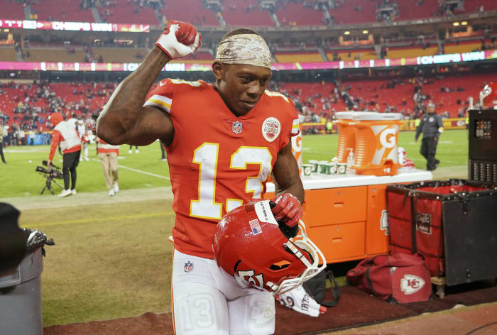 Nov 21, 2021; Kansas City, Missouri, USA; Kansas City Chiefs wide receiver Byron Pringle (13) leaves the field after the win over the Dallas Cowboys at GEHA Field at Arrowhead Stadium. Mandatory Credit: Denny Medley-USA TODAY Sports